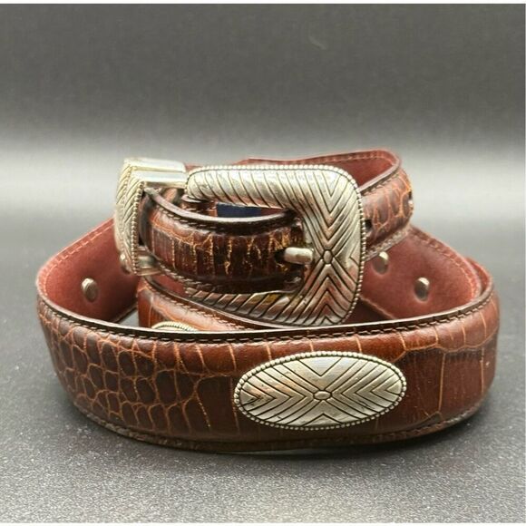 Brown Leather Concho Men’s Belt W/Silver Buckle  Roundtree & Yorke 32 - Picture 2 of 6